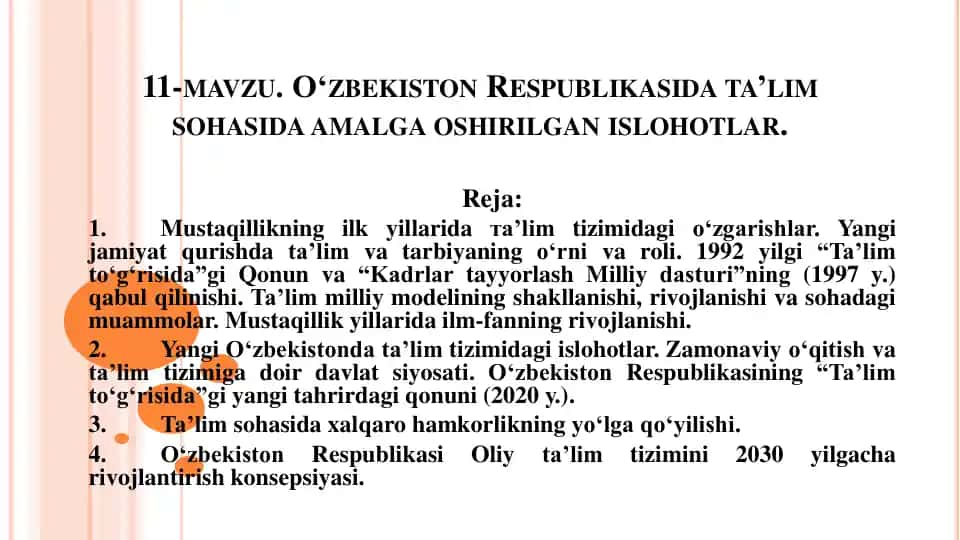 O‘ZBEKISTON RESPUBLIKASIDA TA’LIM SOHASIDA AMALGA OSHIRILGAN ISLOHOTLAR