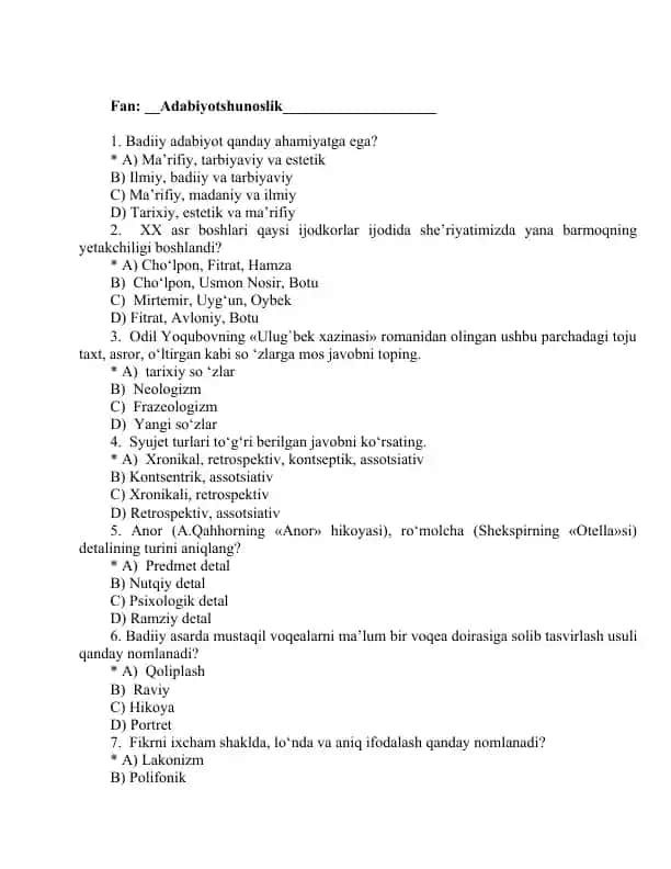 Adabiyotshunoslikdan 400 ta test javobi bilan