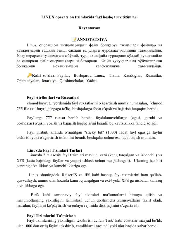 LINUX operatsion tizimlarida fayl boshqaruv tizimlari