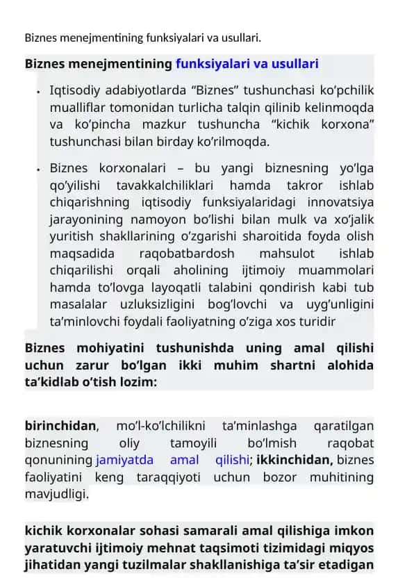 Biznes menejmentining funksiyalari va usullari