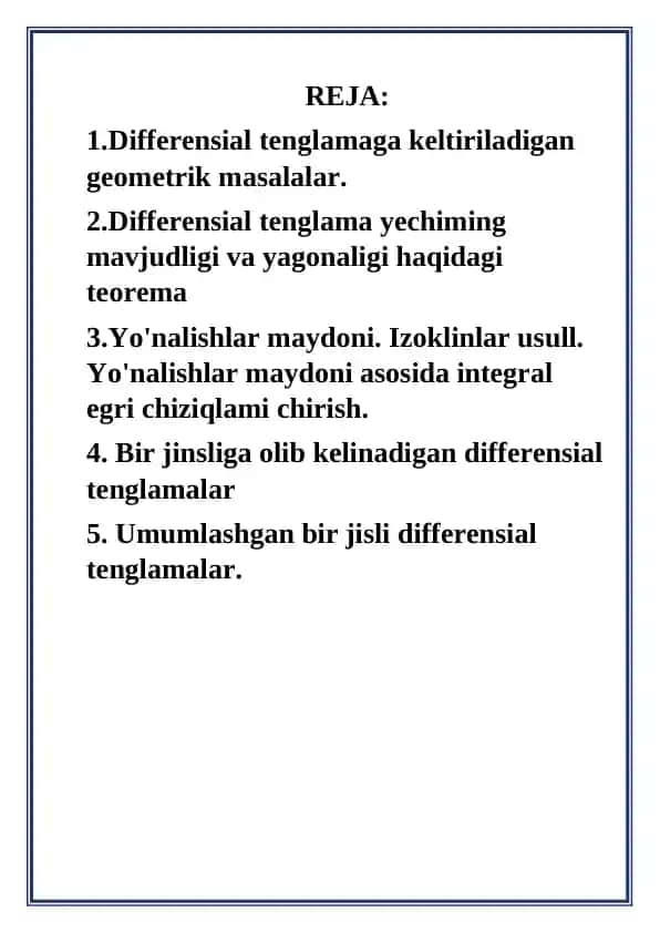 Differensial tenglamaga keltiriladigan geometrik masalalar