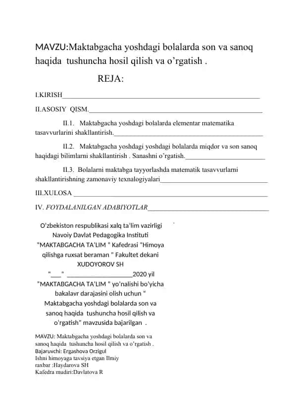 Maktabgacha yoshdagi bolalarda son va sanoq haqida tushuncha hosil qilish va o’rgatish