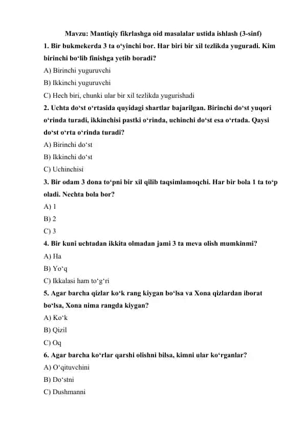 Mantiqiy fikrlashga oid masalalar ustida ishlash (3-sinf)