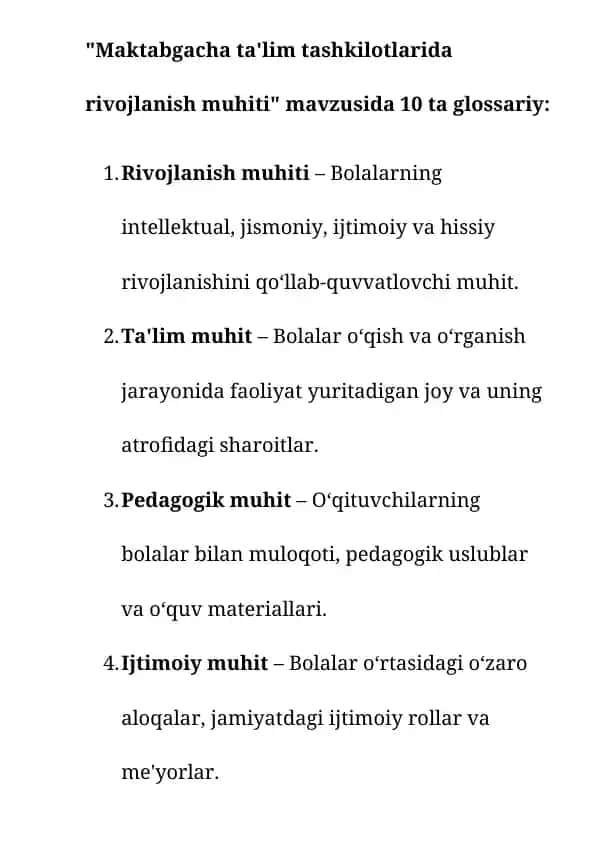 Maktabgacha ta'lim tashkilotlarida rivojlanish muhiti glossariysi