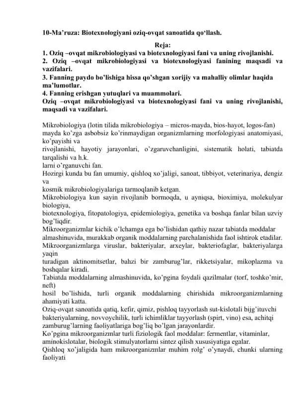 Oziq-ovqat mikrobiologiyasi va biotexnologiyasi