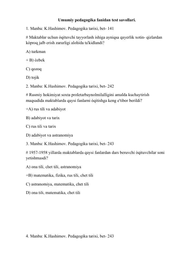 Umumiy pedagogika fanidan test savollari