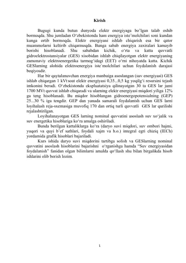 Elektr energiya ishlab chiqarishda GES-ni loyihalash