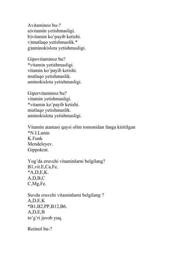 Vitaminlar haqida test savollari