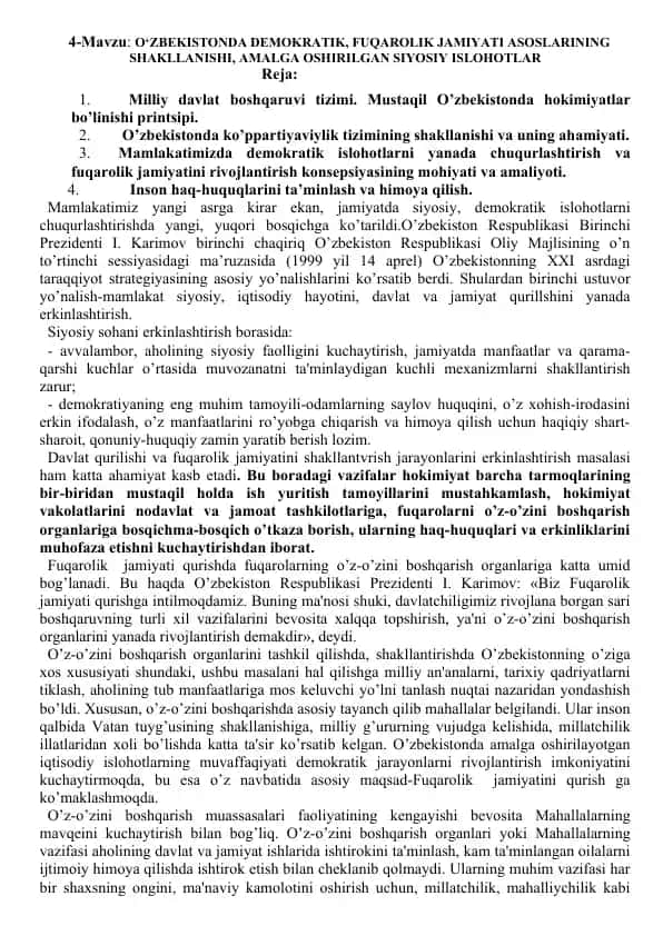 O‘ZBEKISTONDA DEMOKRATIK, FUQAROLIK JAMIYATI ASOSLARINING SHAKLLANISHI, AMALGA OSHIRILGAN SIYOSIY ISLOHOTLAR