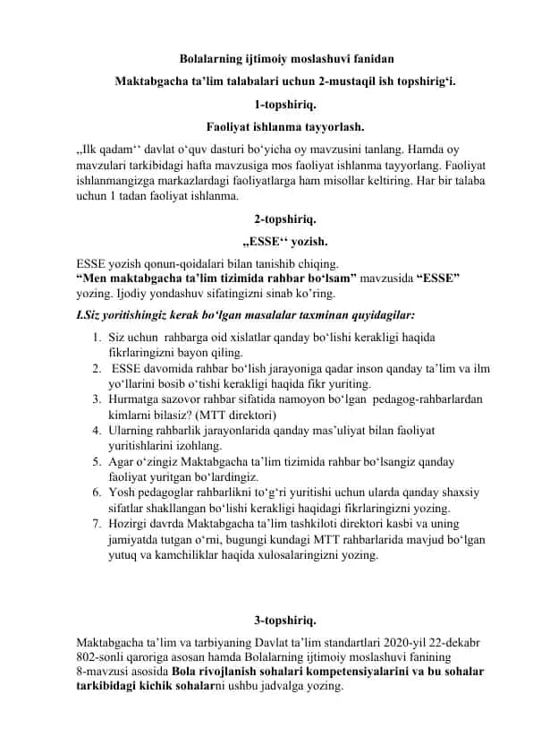 Bolalarning ijtimoiy moslashuvi fanidan Maktabgacha ta’lim talabalari uchun 2-mustaqil ish topshirig‘i.
