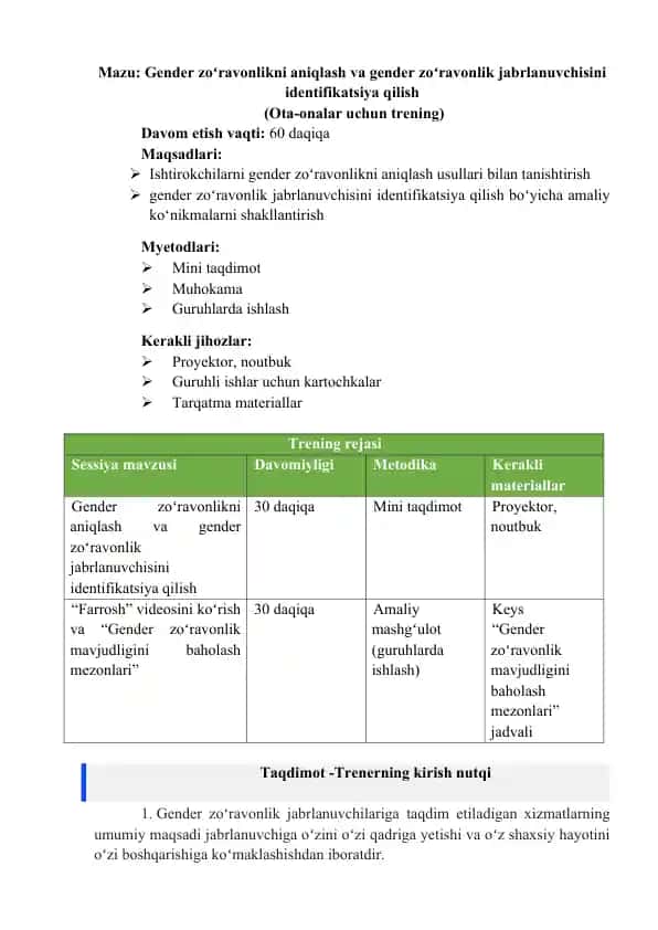 Gender zoʻravonlikni aniqlash va gender zoʻravonlik jabrlanuvchisini identifikatsiya qilish treningi