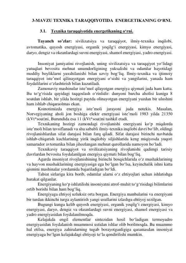 Texnika taraqqiyotida energetikaning o‘rni