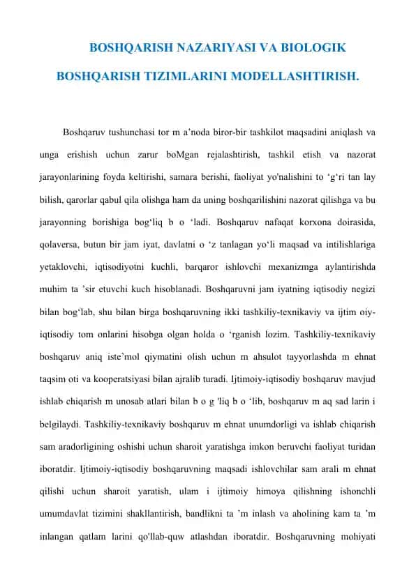 BOSHQARISH NAZARIYASI VA BIOLOGIK BOSHQARISH TIZIMLARINI MODELLASHTIRISH