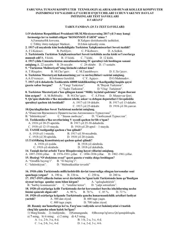 FARG’ONA TUMANI KOMPYUTER TEXNOLOGIYALARI KASB-HUNAR KOLLEJI KOMPYUTER INJINIRINGI YO’NALISHI 4.17 GURUH O’QUVCHILARI UCHUN YAKUNIY DAVLAT IMTIXONLARI TEST SAVOLLARI