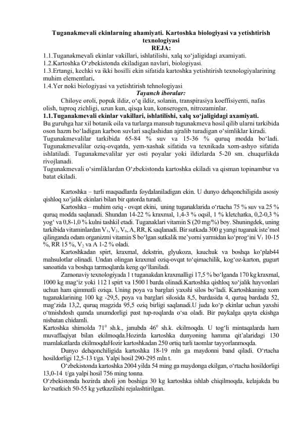 Tuganakmevali ekinlarning ahamiyati. Kartoshka biologiyasi va yetishtirish texnologiyasi