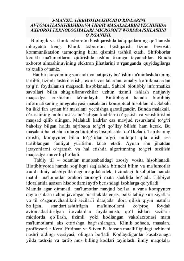 Tibbiyotda Ishchi O‘rinlarini Avtomatlashtirish va Tibbiy Masalalarni Yechishda Axborot Texnologiyalari. Microsoft Wordda ishlashni O’rganish