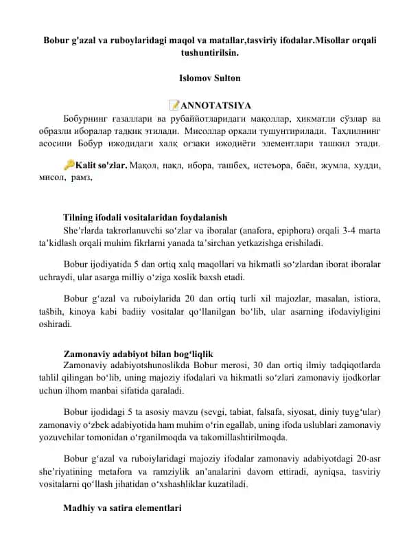 Bobur g'azal va ruboylaridagi maqol va matallar
