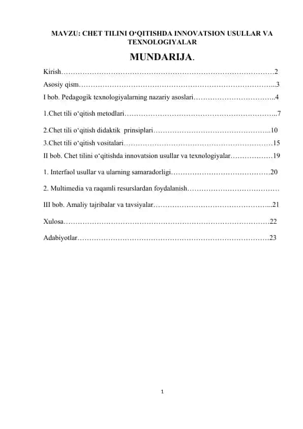CHET TILINI O‘QITISHDA INNOVATSION USULLAR VA TEXNOLOGIYALAR