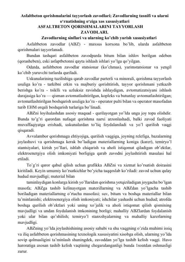 Asfaltbeton qorishmalarini tayyorlash zavodlari