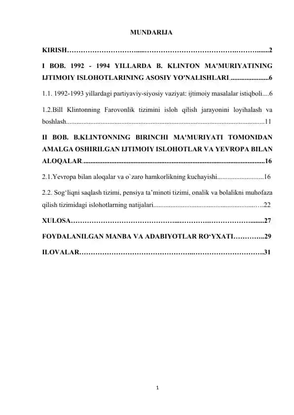 Kurs ishi “Neoliberalizm: Amerika Prezidenti Bill Klintonning neoliberalizm islohotlari davri”