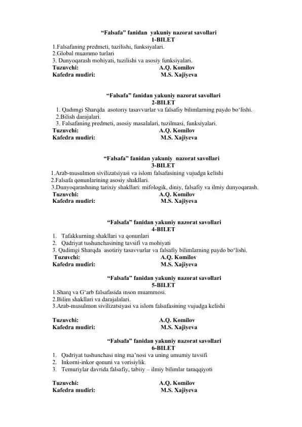 Falsafa fanidan yakuniy nazorat savollari