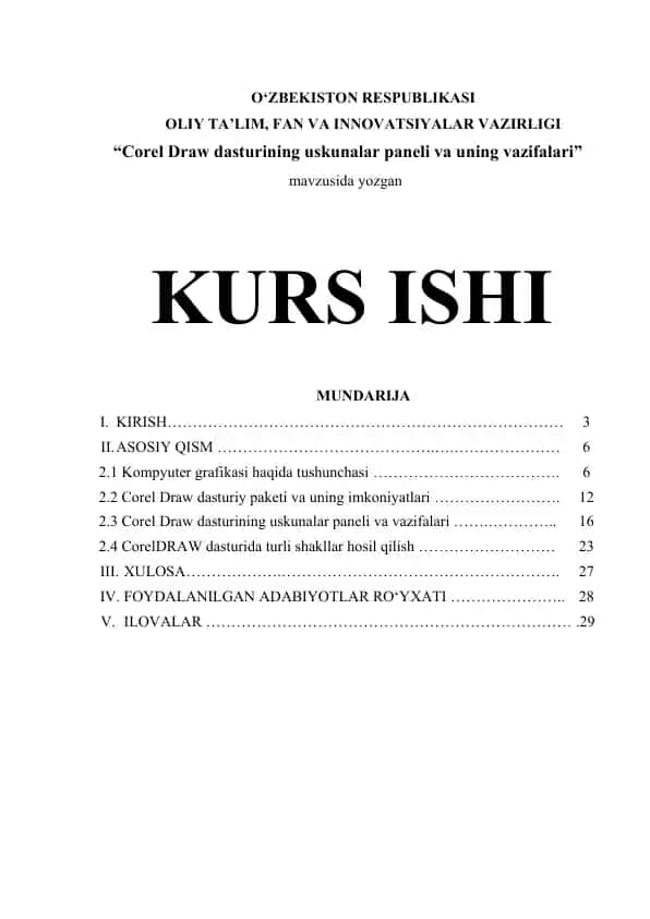 Corel Draw dasturining uskunalar paneli va uning vazifalari