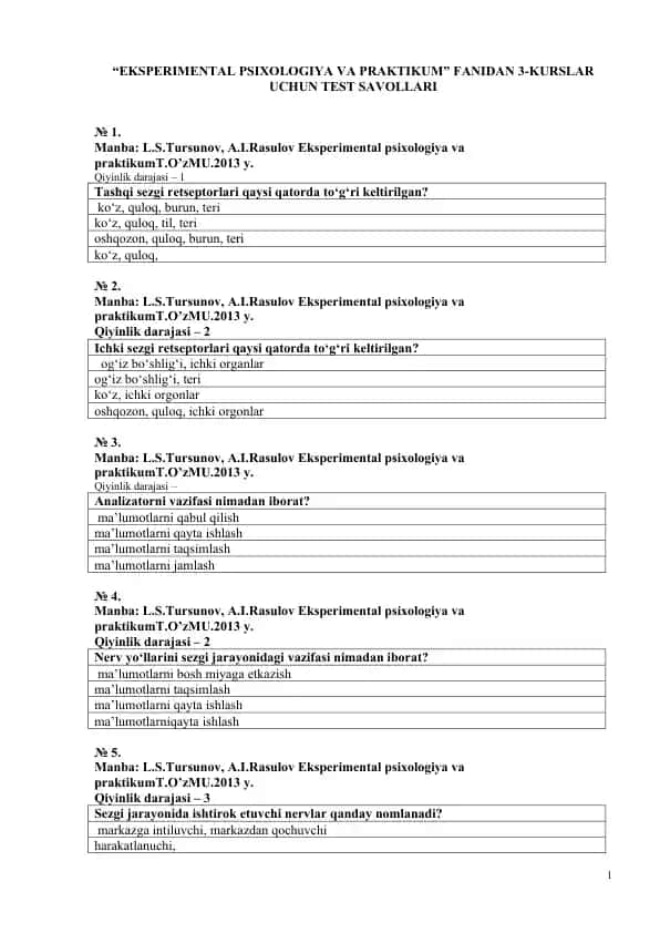 Eksperimental psixologiya va praktikum