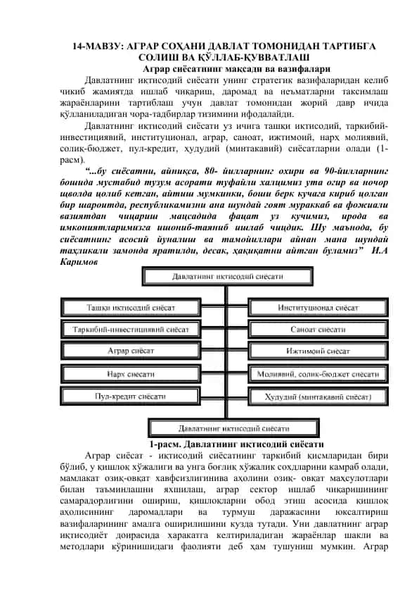 Аграр сиёсатнинг мақсади ва вазифалари