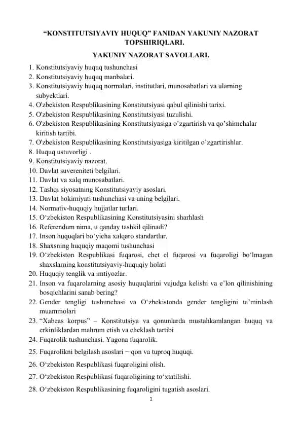 "KONSTITUTSIYAVIY HUQUQ" FANIDAN YAKUNIY NAZORAT TOPSHIRIQLARI