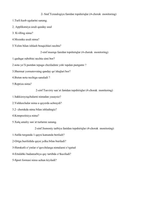 2- Sinf Texnalogiya fanidan topshiriqlar (4-chorak monitoring)