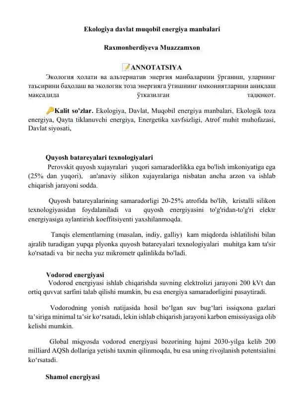 Ekologiya davlat muqobil energiya manbalari
