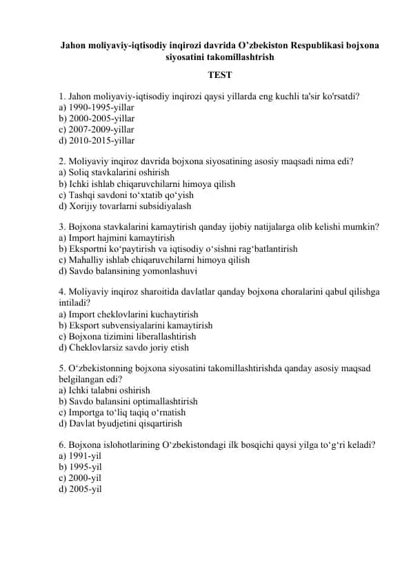 Jahon moliyaviy-iqtisodiy inqirozi davrida O’zbekiston Respublikasi bojxona siyosatini takomillashtrish