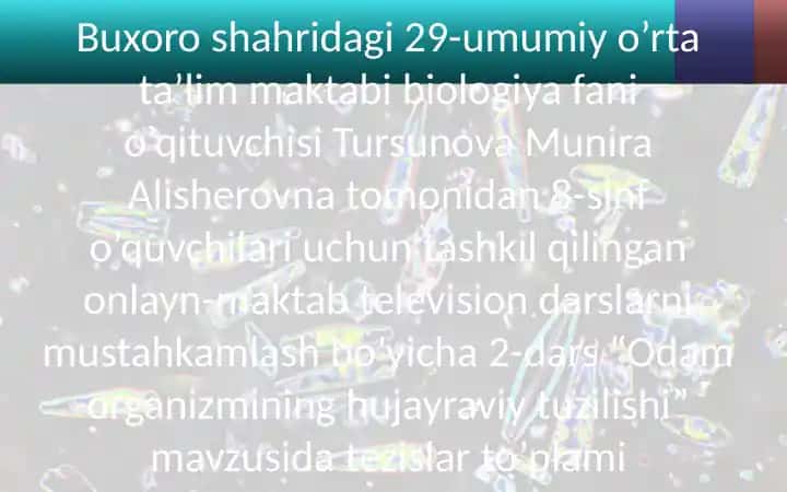 Onlayn-maktab television darslari "Odam organizmining hujayraviy tuzilishi" mavzusida tezislar