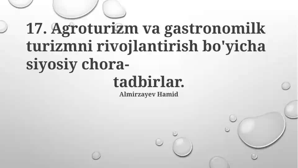 Agroturizm va gastronomik turizmni rivojlantirish bo'yicha siyosiy chora-tadbirlar