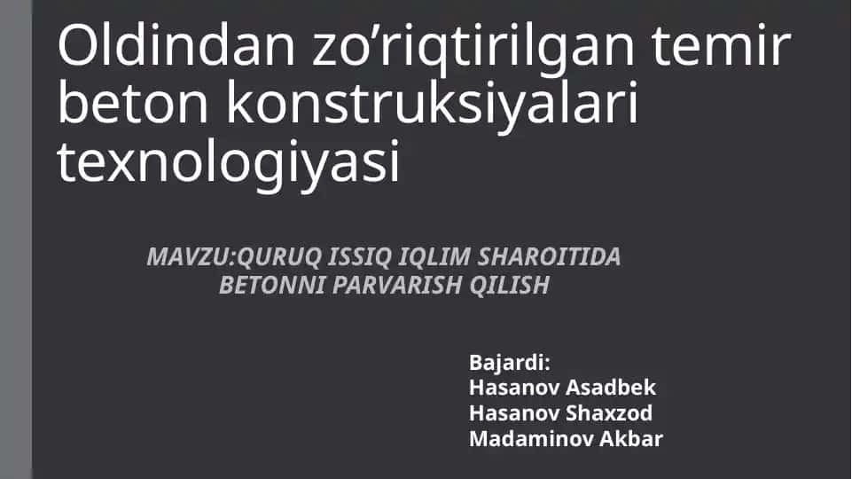 Quruq Issiq Iqlim Sharoitida Betonni Parvarish Qilish