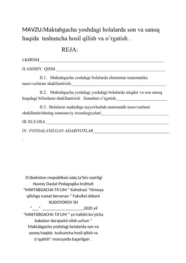 “Maktabgacha yoshdagi bolalarda son va sanoq haqida tushuncha hosil qilish va o’rgatish” kurs ishi