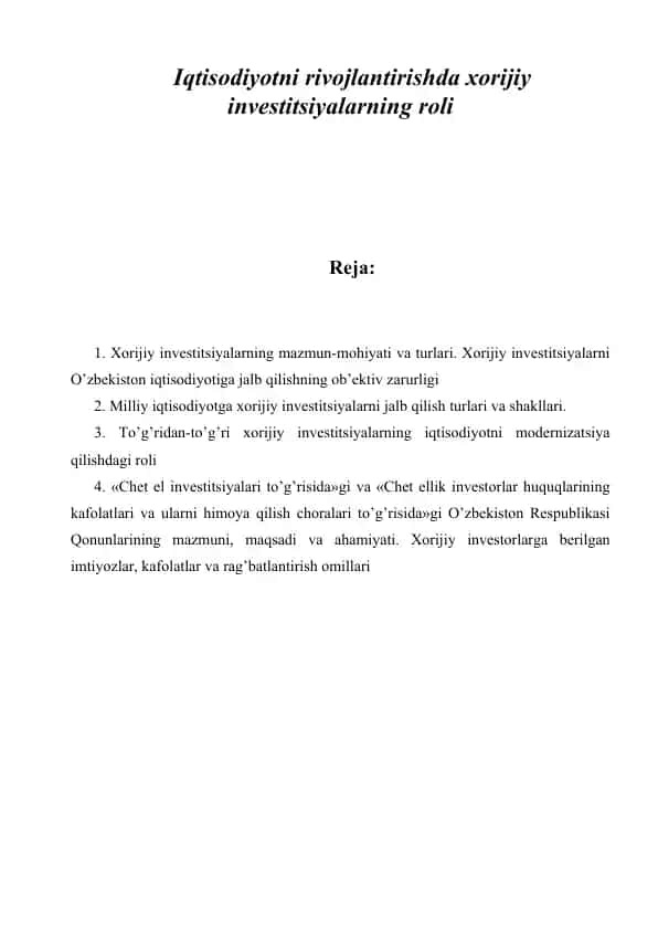 Xorijiy Investitsiyalarning Roli