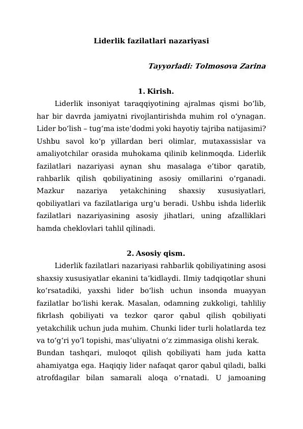 Liderlik fazilatlari nazariyasi