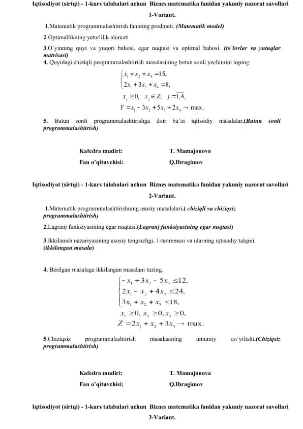 Biznes matematika fanidan yakuniy nazorat savollari (1-kurs, sirtqi, 8 variant)