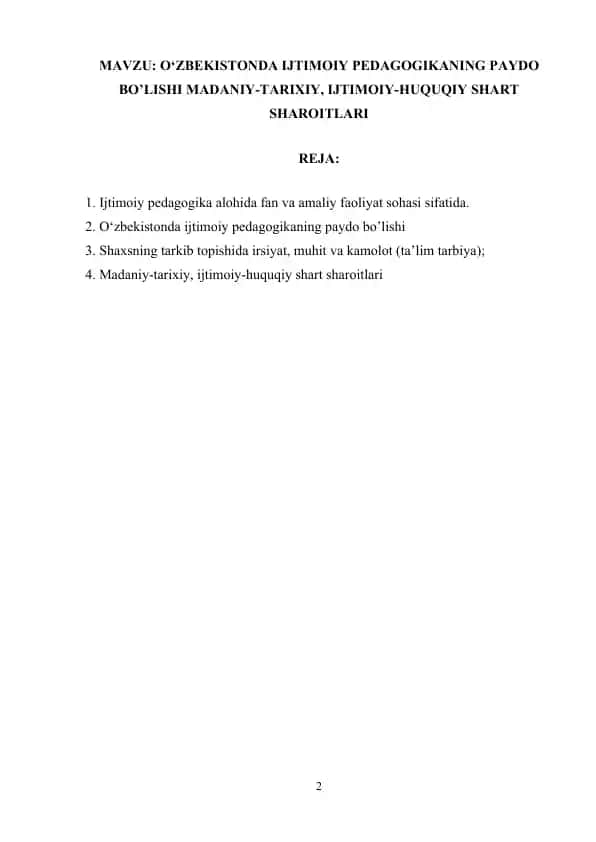 Ijtimoiy Pedagogikaning Paydo Bo’lishi Madaniy-Tarixiy, Ijtimoiy-Huquqiy Shart Sharoitlari