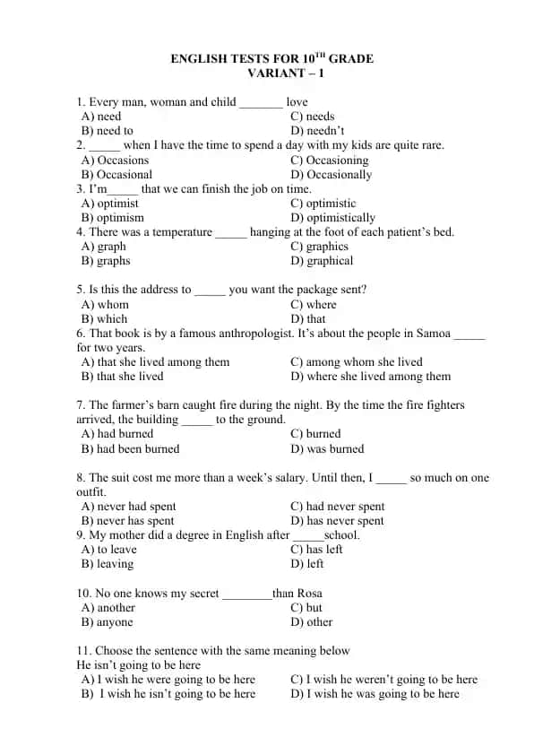 English Tests for 10th Grade