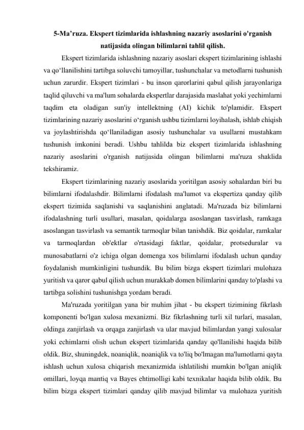 Ekspert tizimlarida ishlashning nazariy asoslari