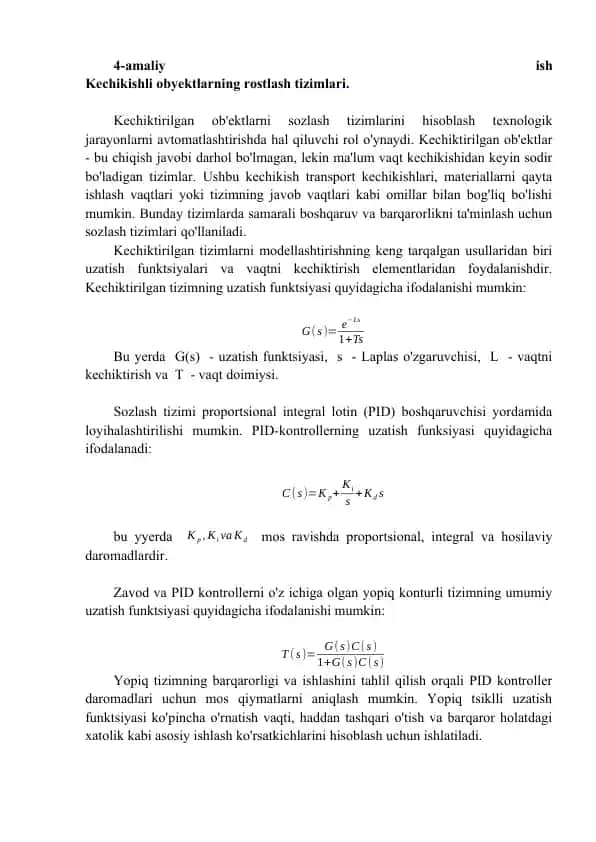 Kechikishli obyektlarning rostlash tizimlari