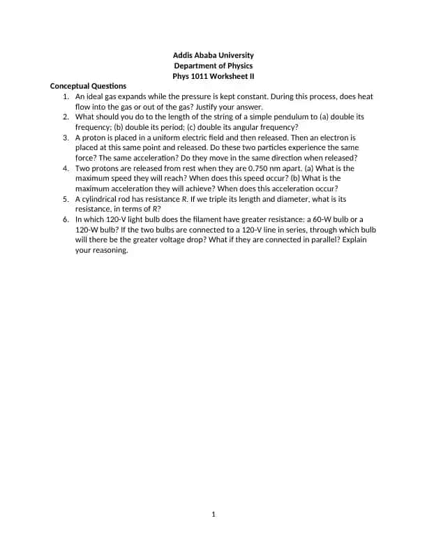 Physics Worksheet II