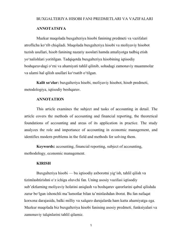 Buxgalteriya hisobi fani predmeti va vazifalari
