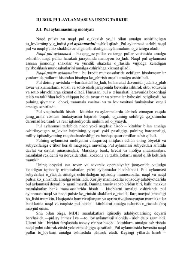 Pul Aylanmasi va Uning Tarkibi