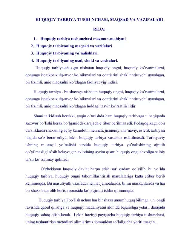 Huquqiy Tarbiya Tushunchasi, Maqsad va Vazifalari