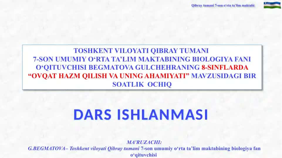 Dars Ishlanmasi "Ovqat Hazm Qilish va Uning Ahamiyati"