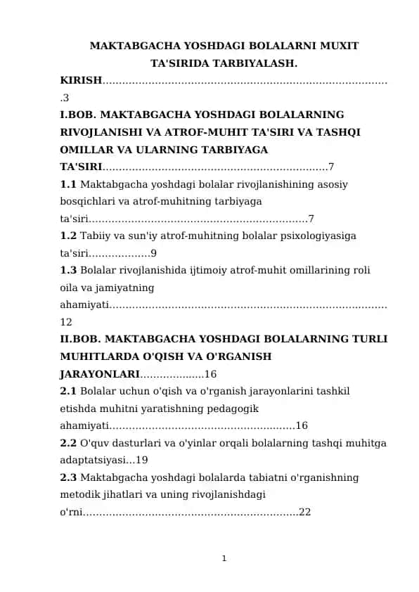 MAKTABGACHA YOSHDAGI BOLALARNI MUXIT TA'SIRIDA TARBIYALASH