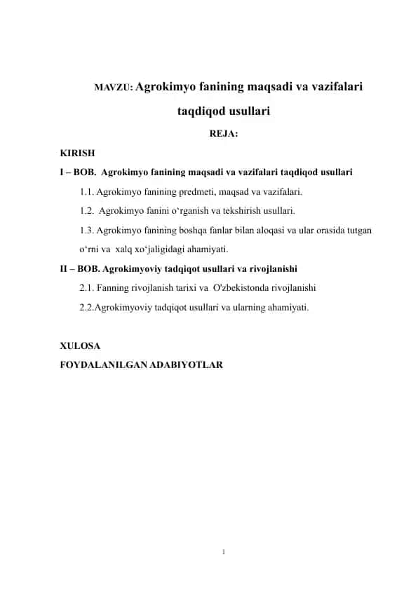 Agrokimyo fanining maqsadi va vazifalari taqdiqod usullari
